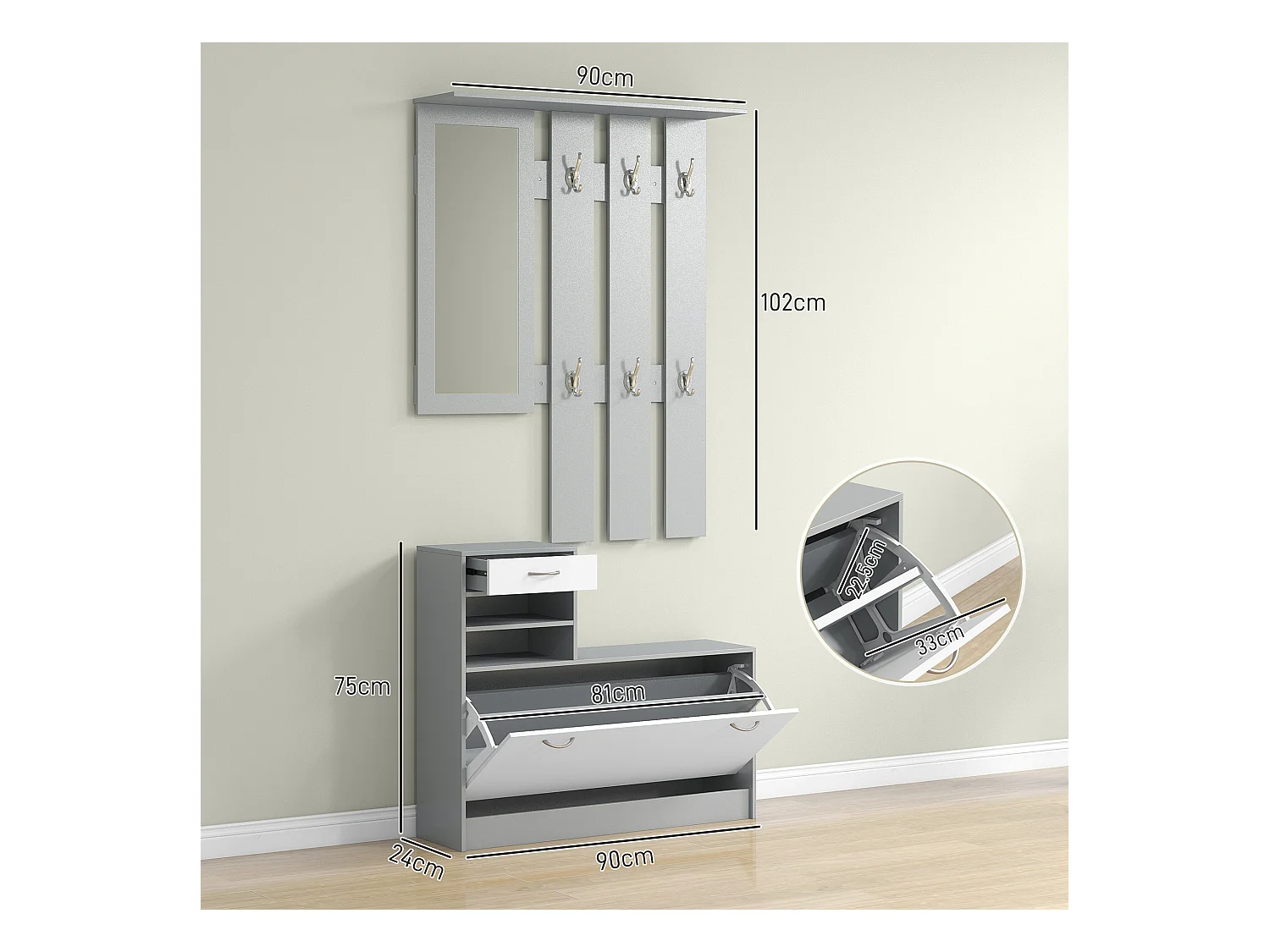 Mobile appendiabiti con scarpiera e specchio in legno bianco e grigio