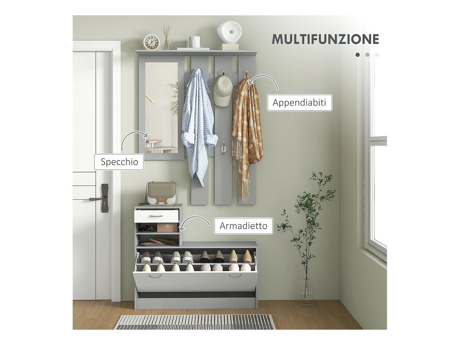 Mobile appendiabiti con scarpiera e specchio in legno bianco e grigio