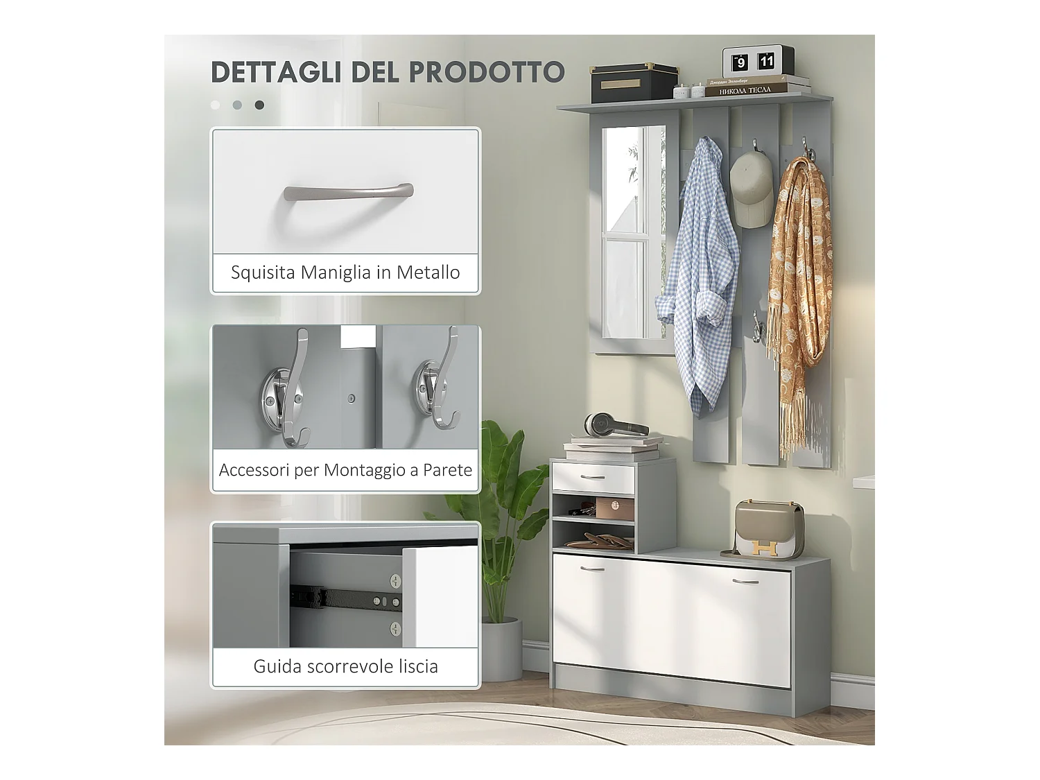 Mobile appendiabiti con scarpiera e specchio in legno bianco e grigio