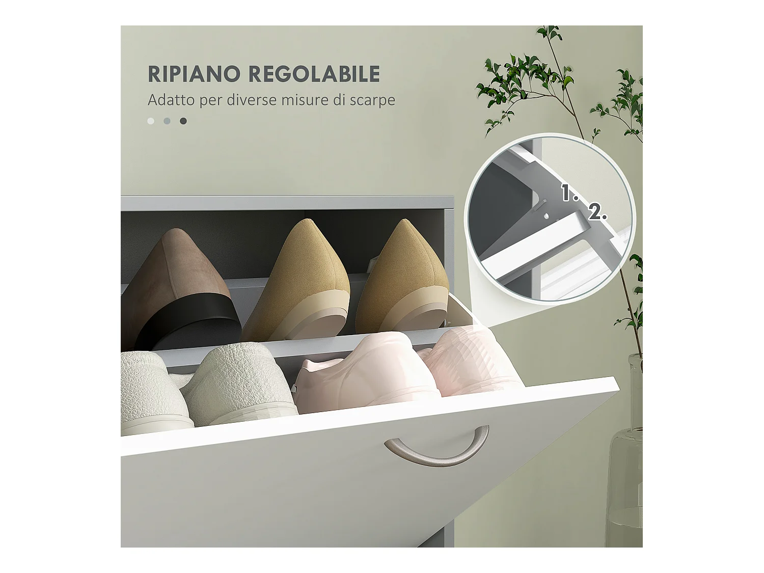 Mobile appendiabiti con scarpiera e specchio in legno bianco e grigio