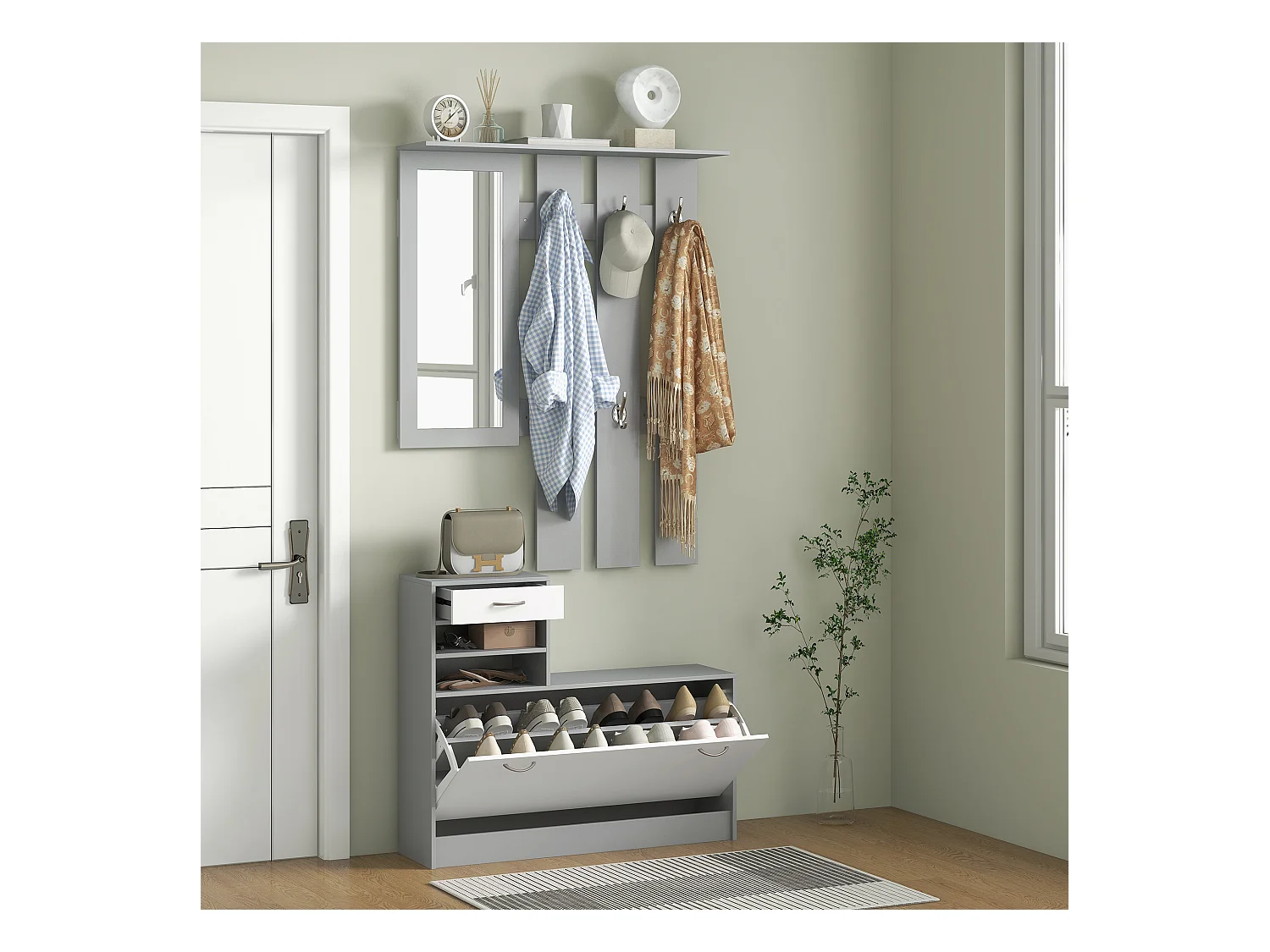 Mobile appendiabiti con scarpiera e specchio in legno bianco e grigio