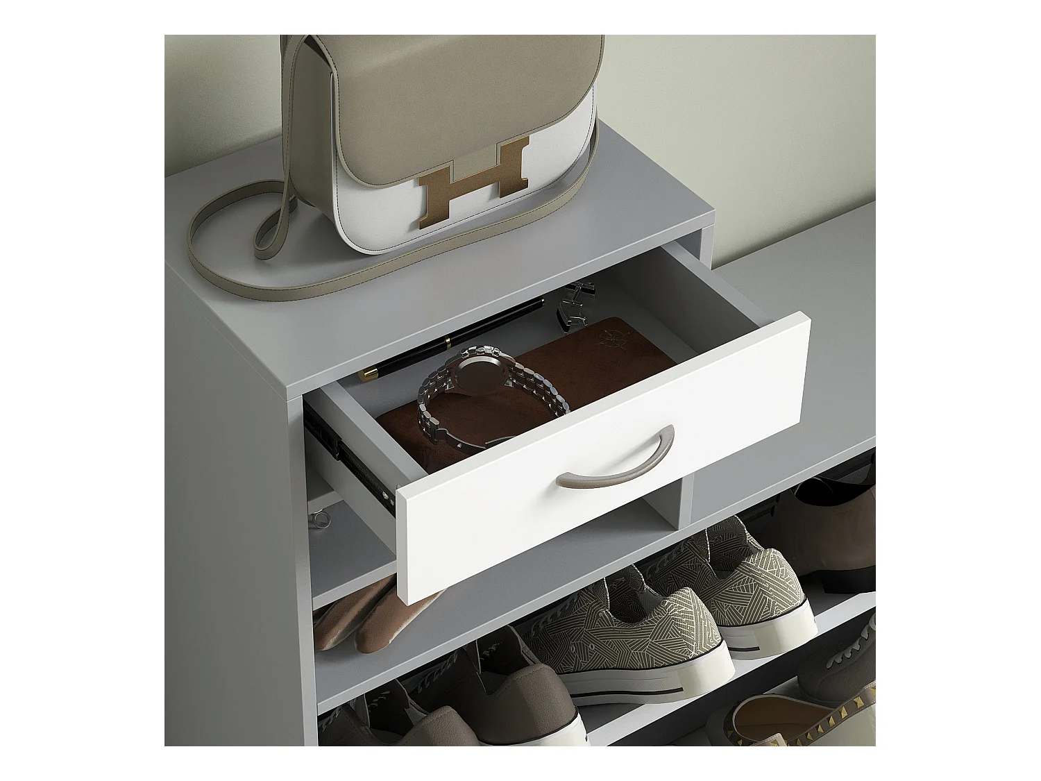 Mobile appendiabiti con scarpiera e specchio in legno bianco e grigio