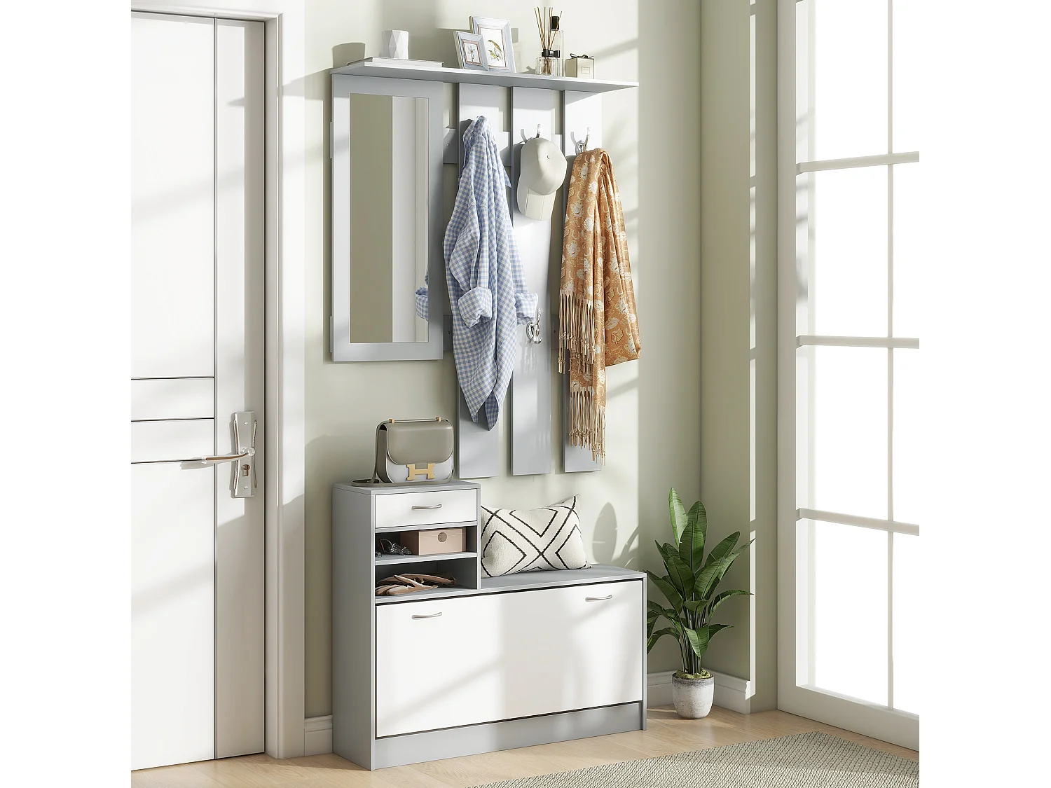 Mobile appendiabiti con scarpiera e specchio in legno bianco e grigio