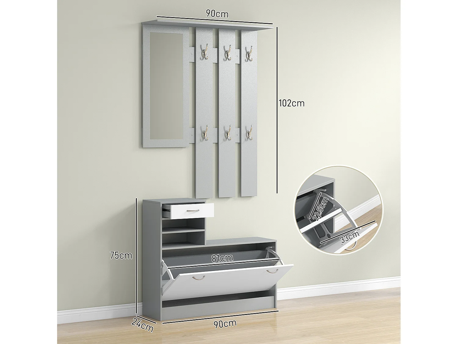 Mobile appendiabiti con scarpiera e specchio in legno bianco e grigio