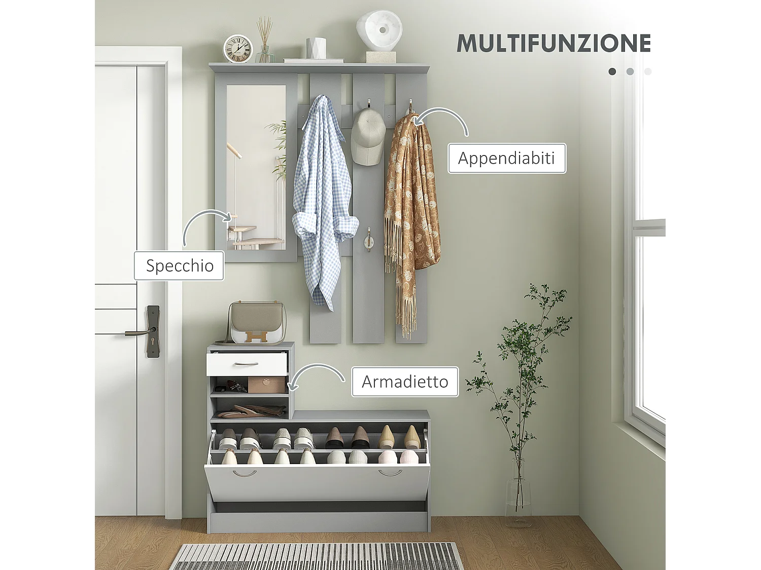 Mobile appendiabiti con scarpiera e specchio in legno bianco e grigio