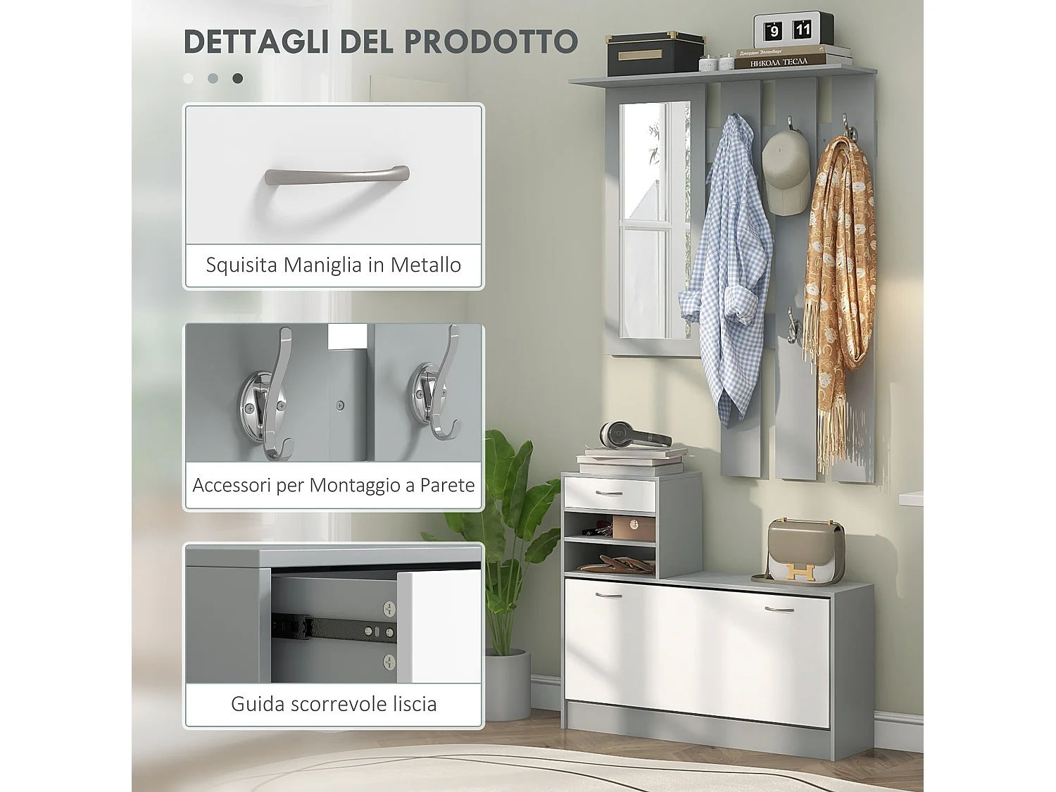 Mobile appendiabiti con scarpiera e specchio in legno bianco e grigio
