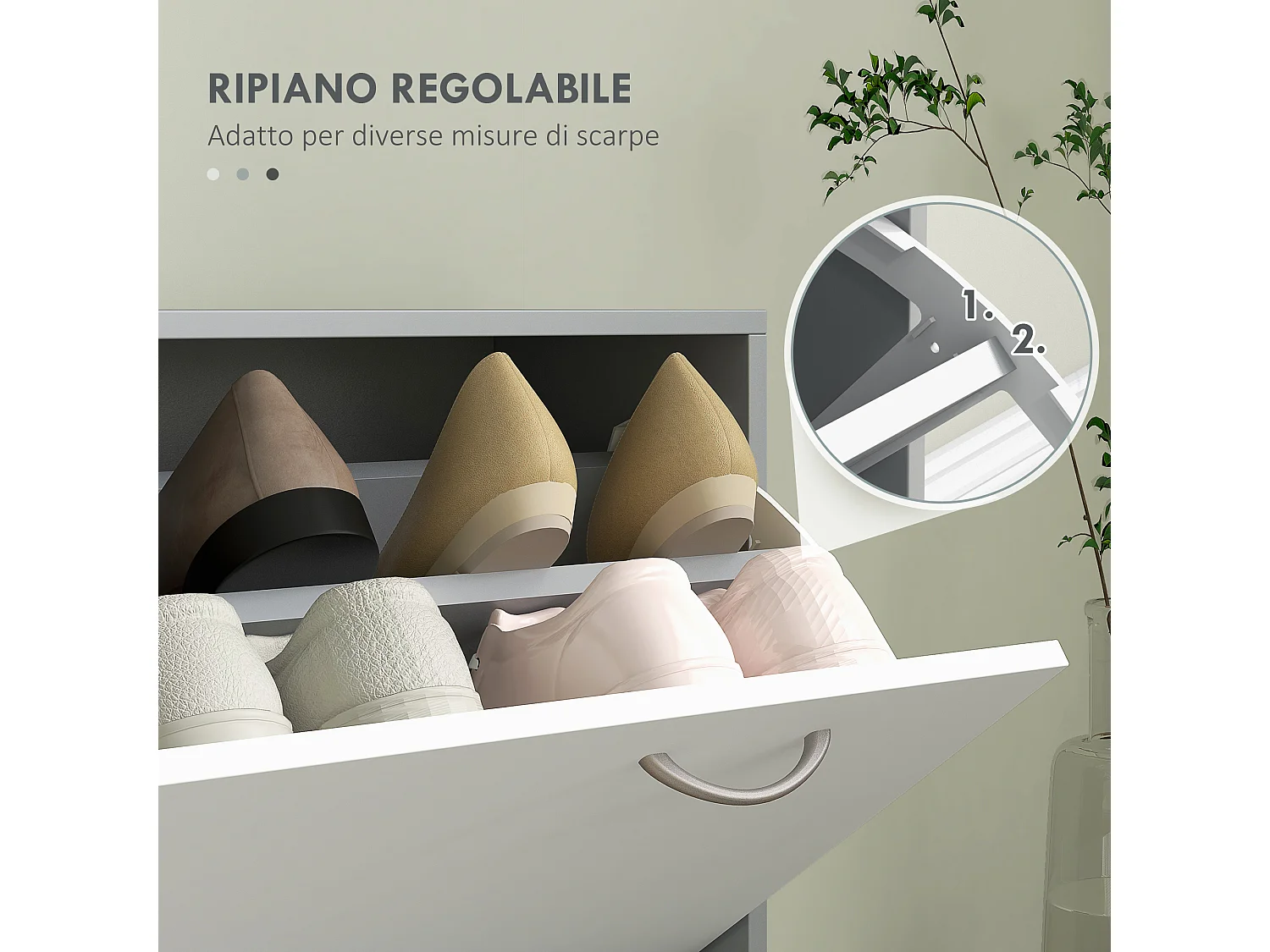 Mobile appendiabiti con scarpiera e specchio in legno bianco e grigio