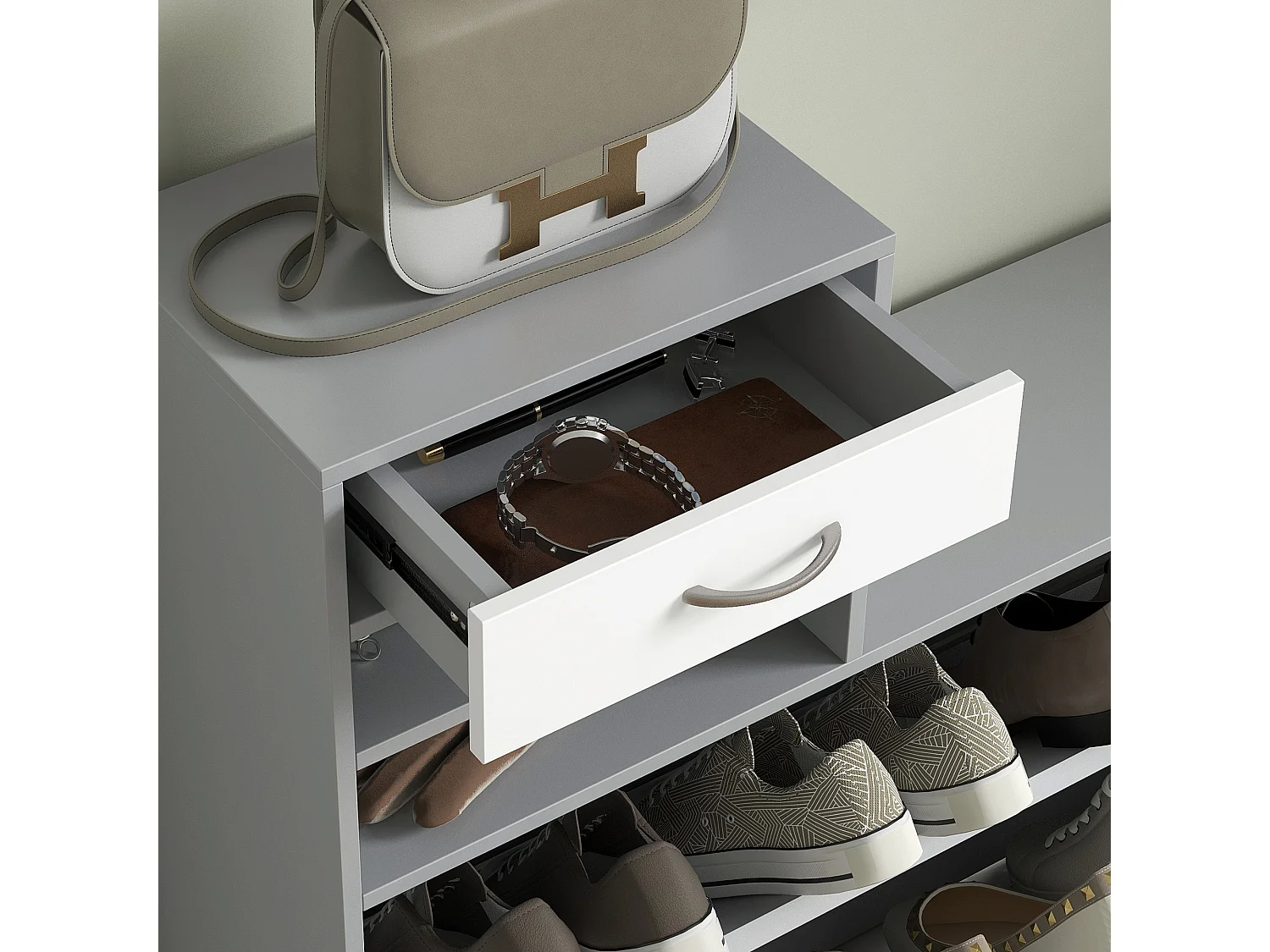 Mobile appendiabiti con scarpiera e specchio in legno bianco e grigio