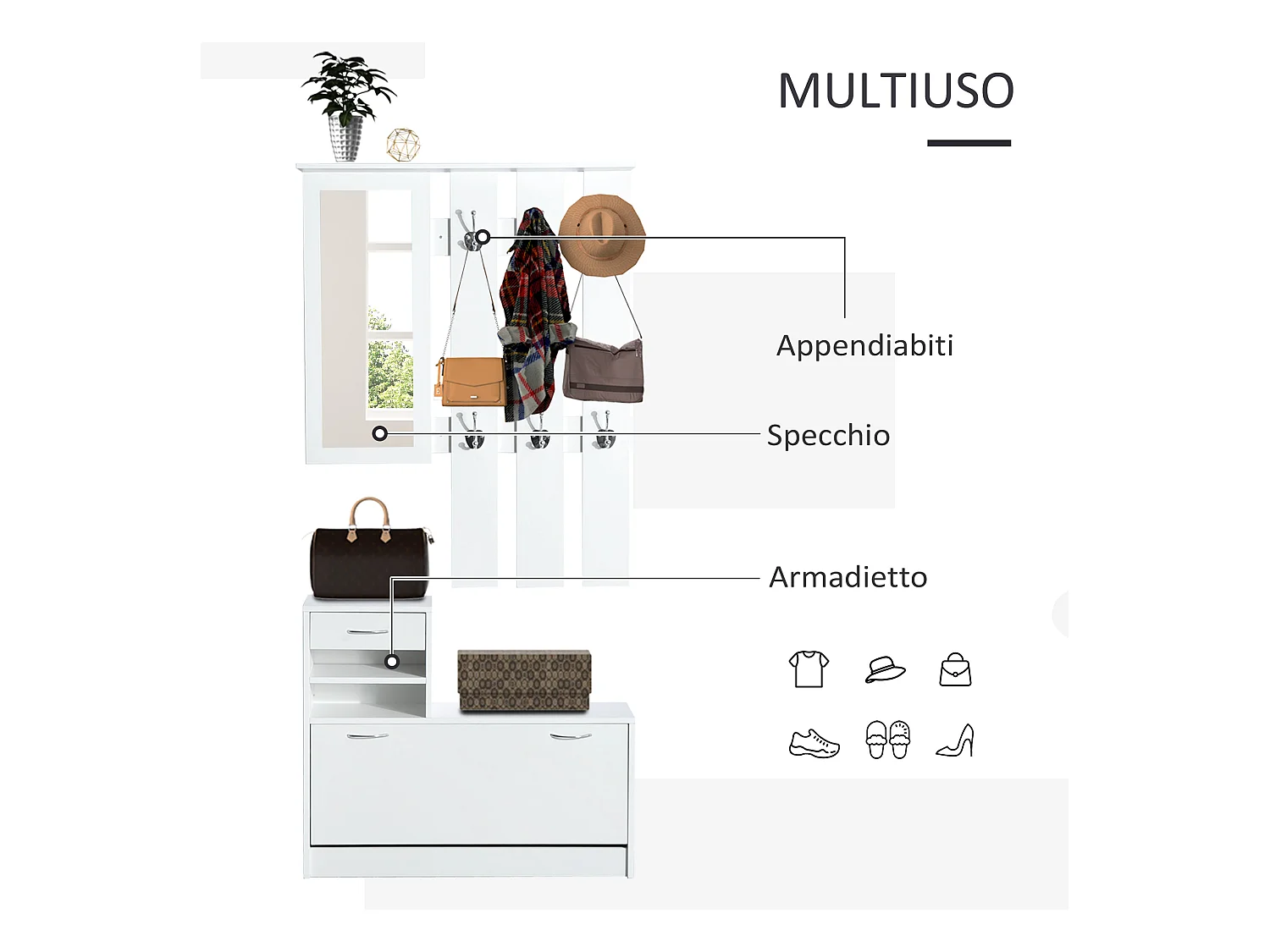 Mobile da ingresso appendiabiti a muro con specchio e scarpiera bianco