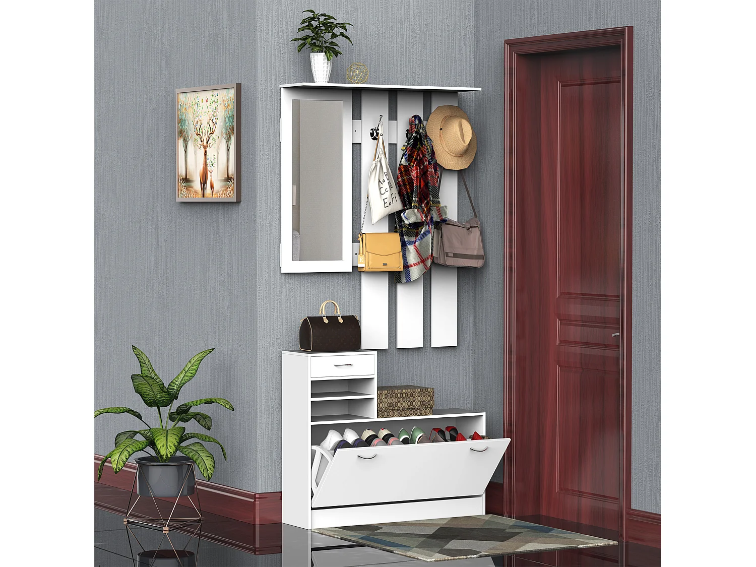 Mobile da ingresso appendiabiti a muro con specchio e scarpiera bianco