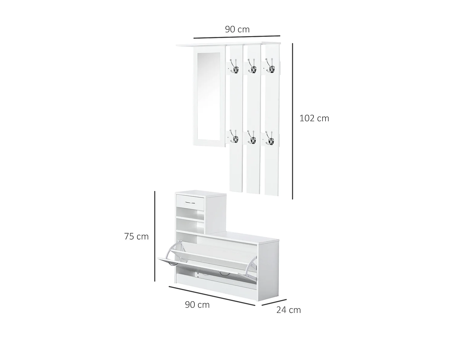 Mobile da ingresso appendiabiti a muro con specchio e scarpiera bianco
