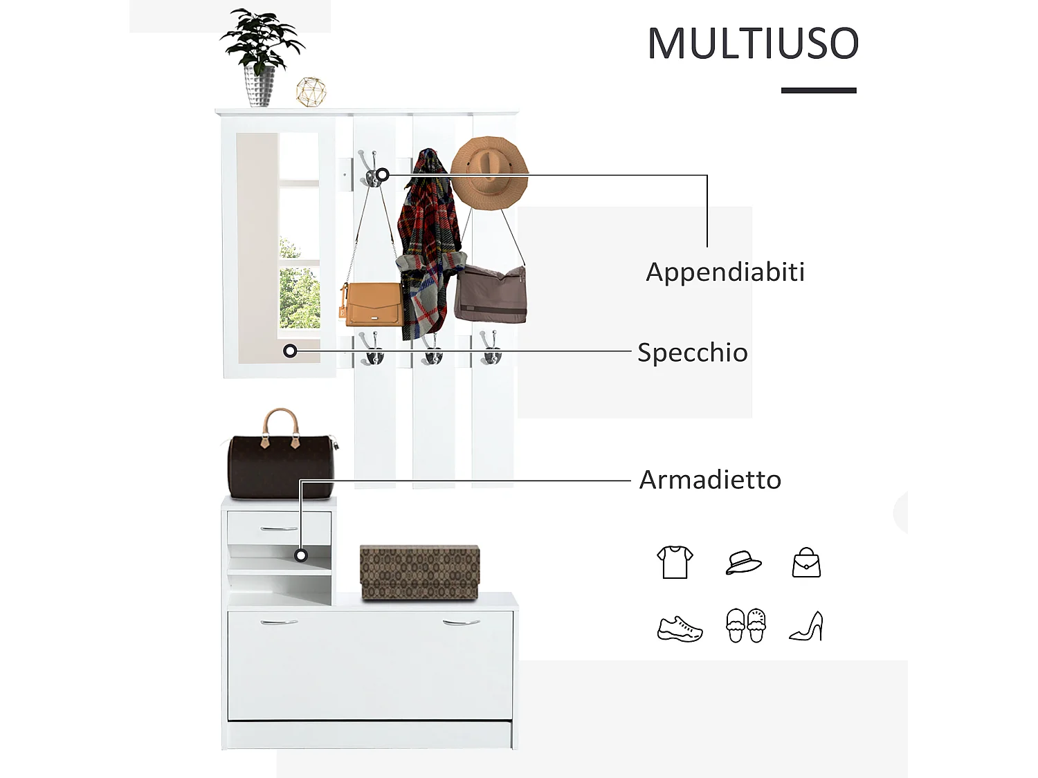 Mobile da ingresso appendiabiti a muro con specchio e scarpiera bianco