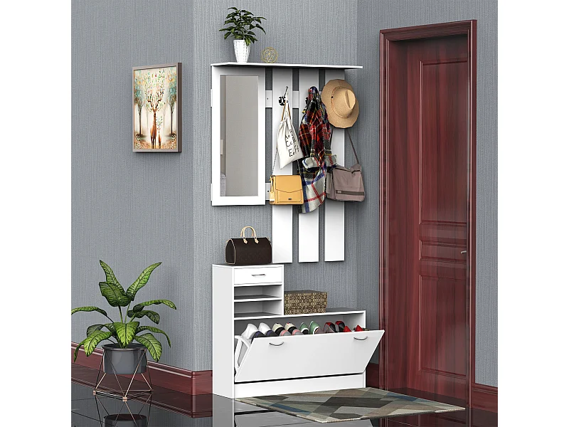 Mobile da ingresso appendiabiti a muro con specchio e scarpiera bianco