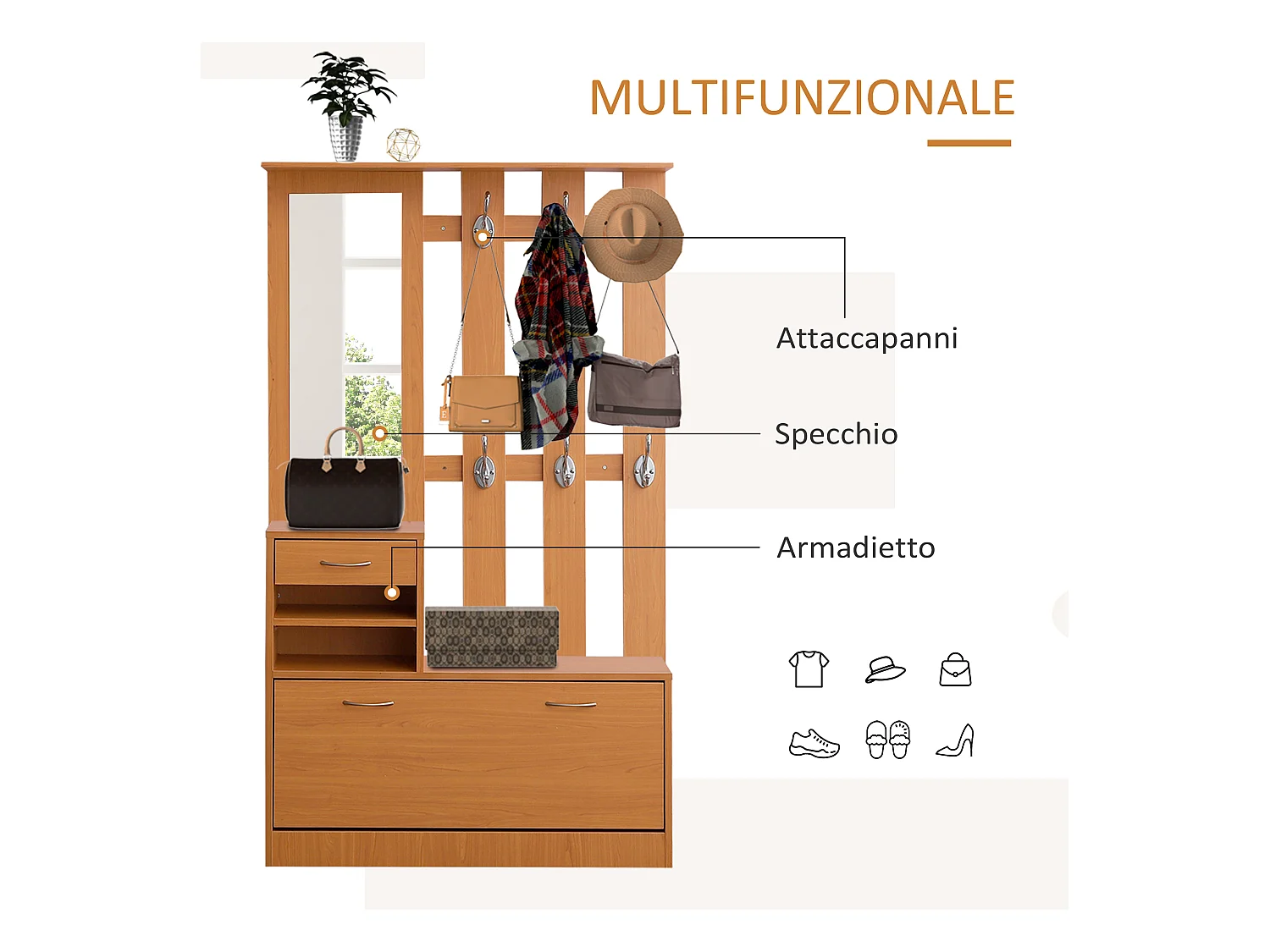 Mobile guardaroba scarpiera regolabile e specchio con appendiabiti