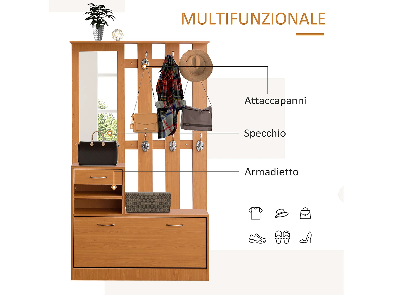 Mobile guardaroba scarpiera regolabile e specchio con appendiabiti