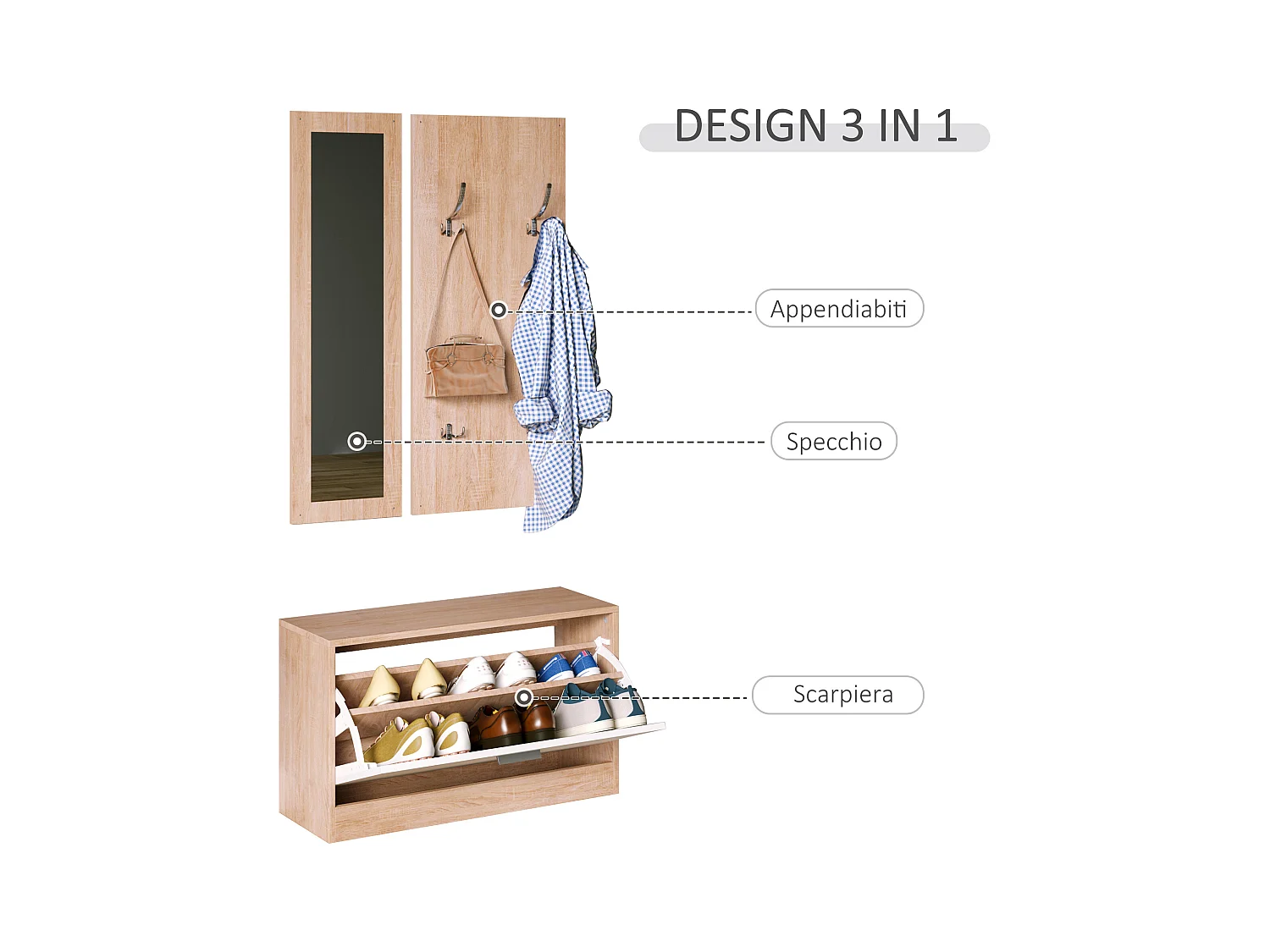 Mobile per ingresso set 3 pezzi 80x27x46.5cm in legno bianco