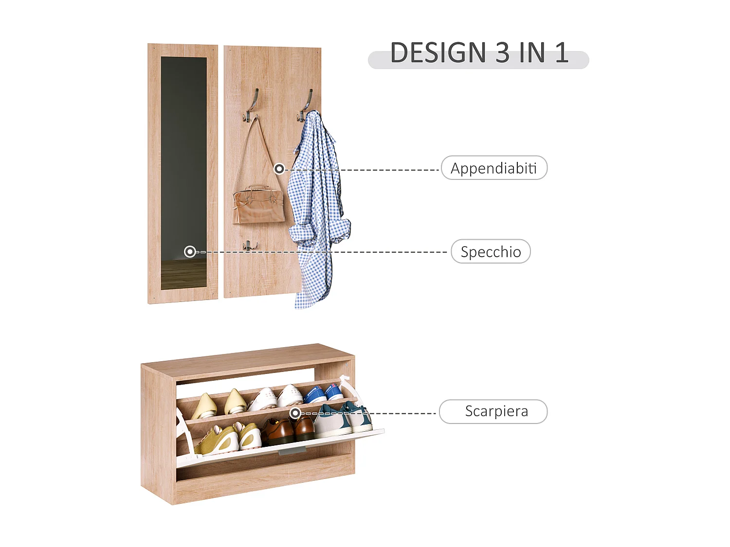 Mobile per ingresso set 3 pezzi 80x27x46.5cm in legno bianco