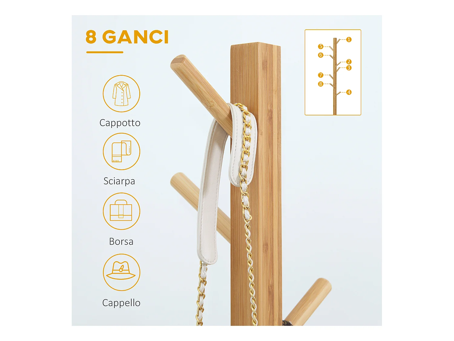 Appendi abiti di bambù 8 ganci base a x 49.5x49.5x 178cm