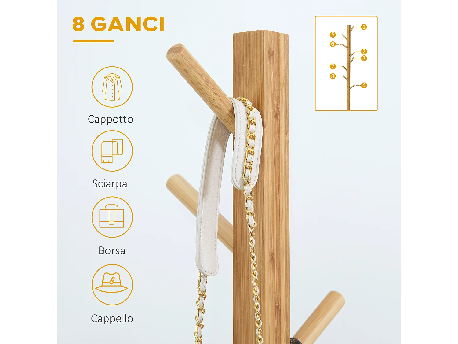 Appendi abiti di bambù 8 ganci base a x 49.5x49.5x 178cm