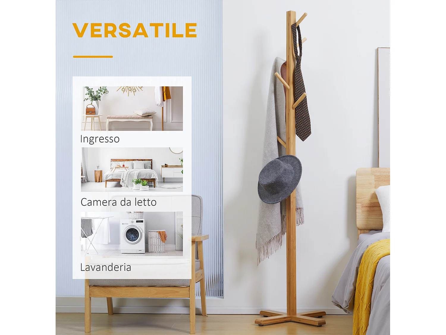 Appendi abiti di bambù 8 ganci base a x 49.5x49.5x 178cm