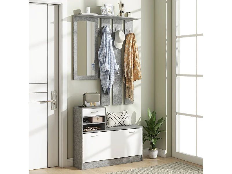 Set mobile da ingresso con appendiabiti scarpiera e specchio grigio