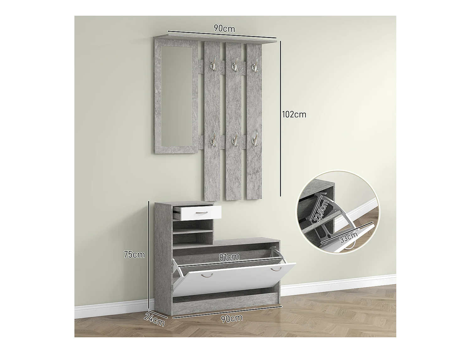 Set mobile da ingresso con appendiabiti scarpiera e specchio grigio
