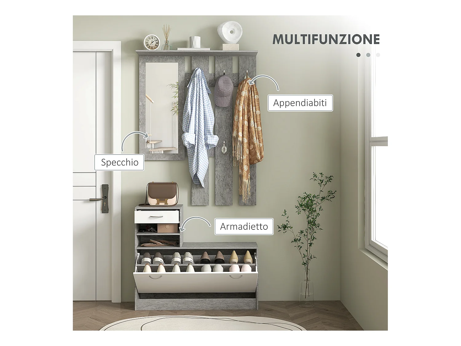 Set mobile da ingresso con appendiabiti scarpiera e specchio grigio