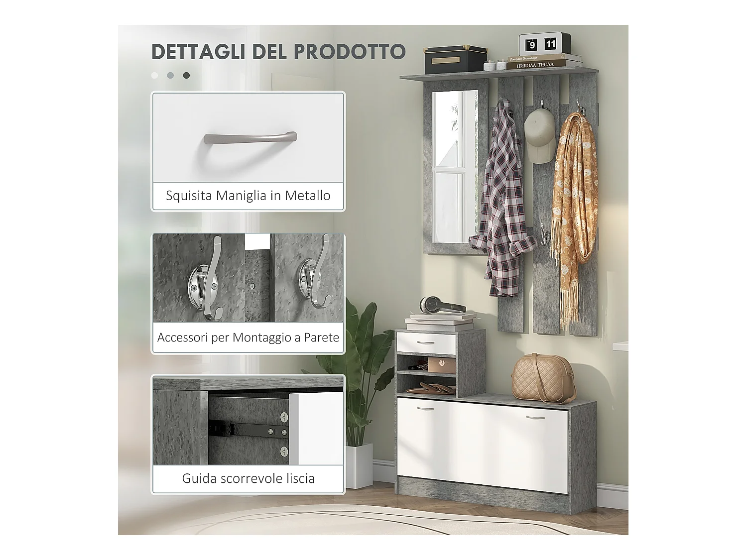 Set mobile da ingresso con appendiabiti scarpiera e specchio grigio