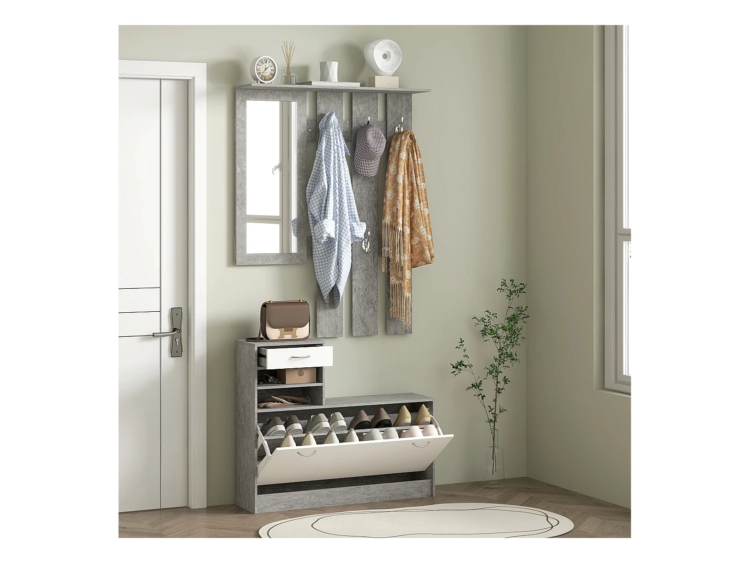 Set mobile da ingresso con appendiabiti scarpiera e specchio grigio