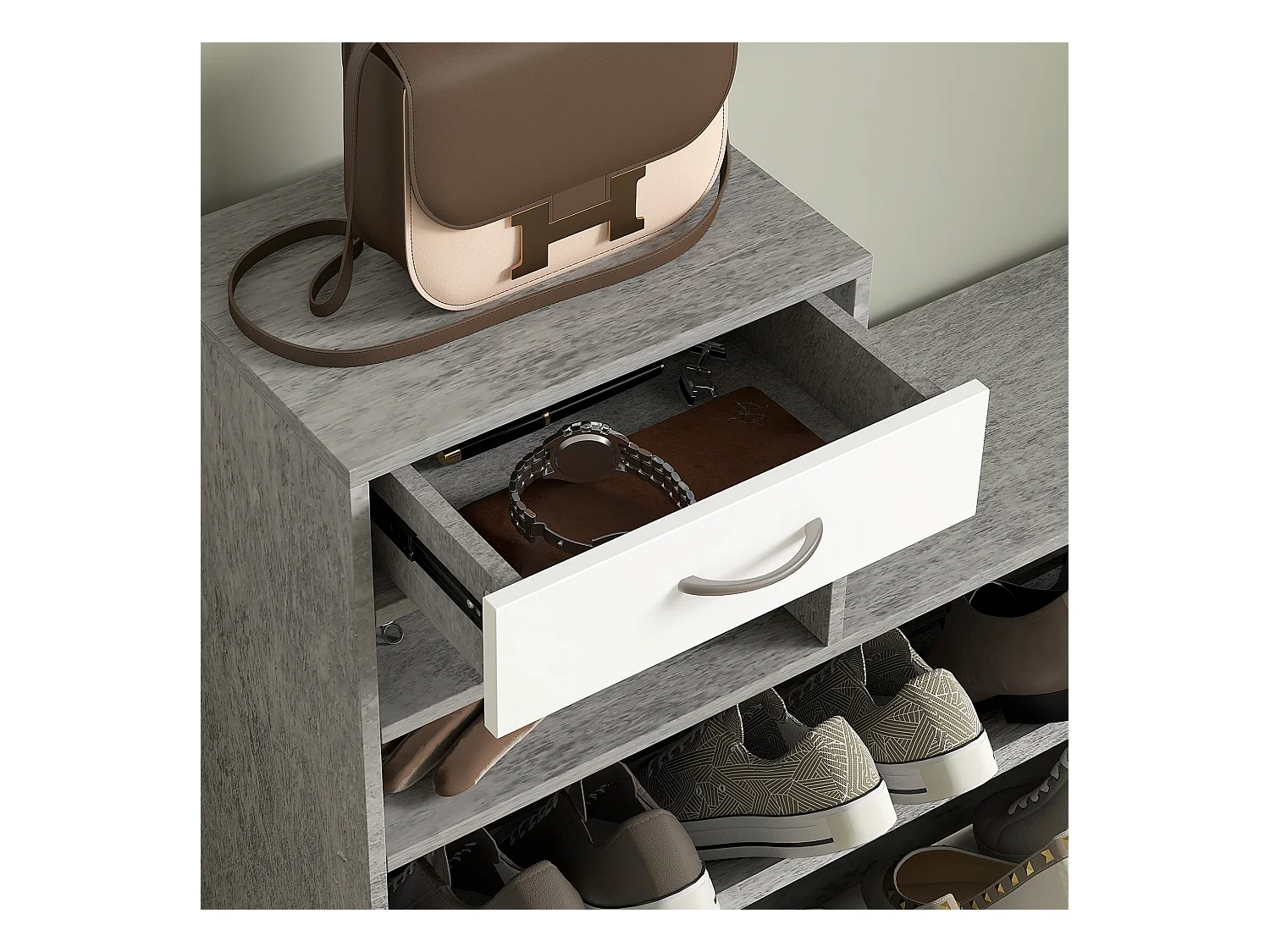 Set mobile da ingresso con appendiabiti scarpiera e specchio grigio