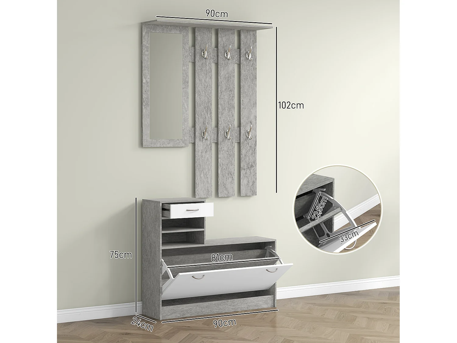 Set mobile da ingresso con appendiabiti scarpiera e specchio grigio