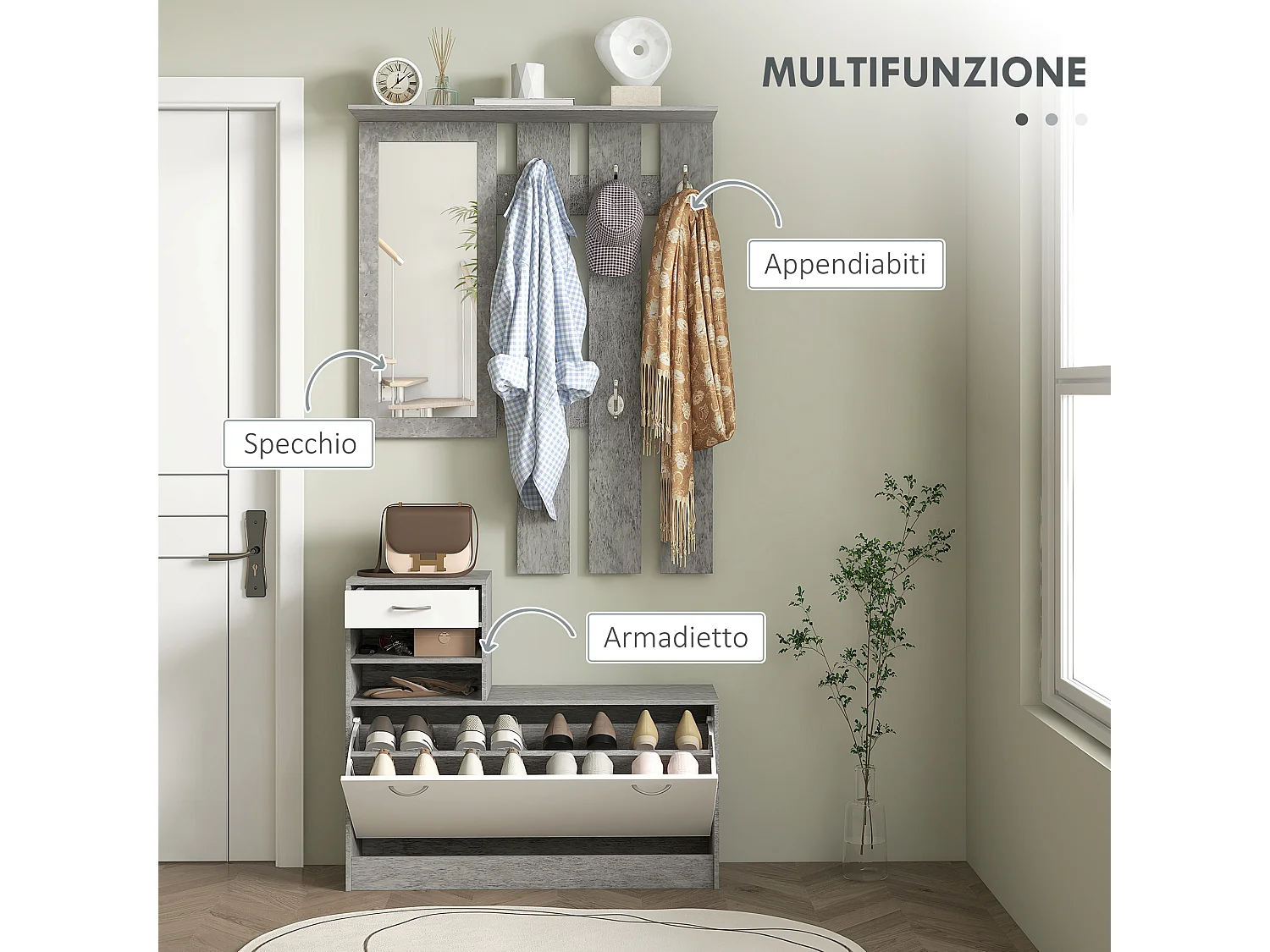 Set mobile da ingresso con appendiabiti scarpiera e specchio grigio
