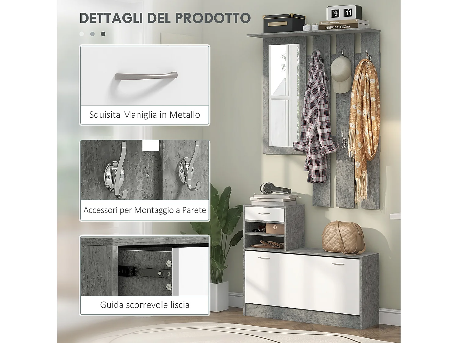 Set mobile da ingresso con appendiabiti scarpiera e specchio grigio