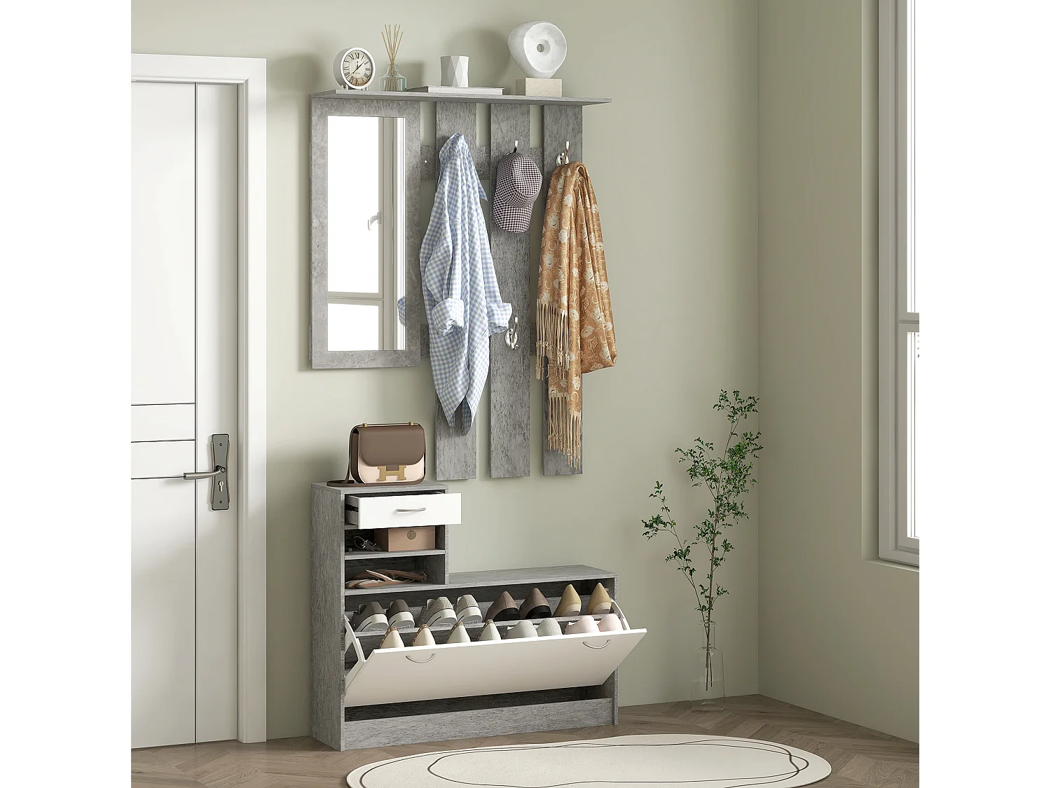 Set mobile da ingresso con appendiabiti scarpiera e specchio grigio