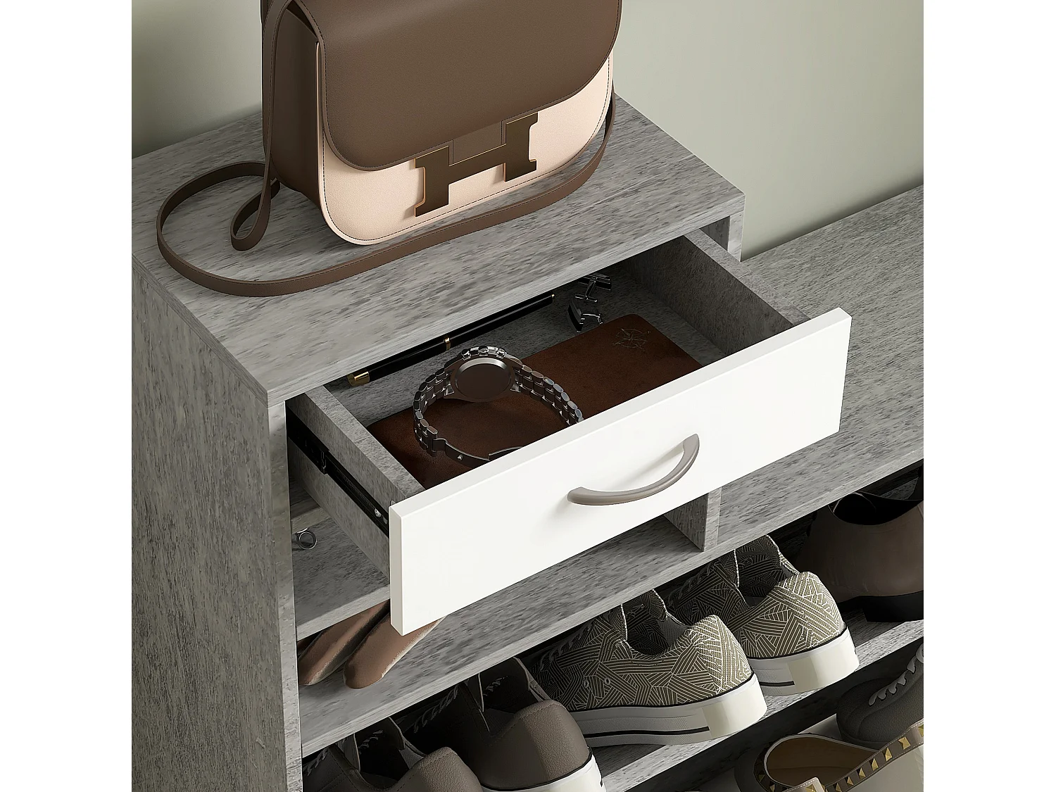 Set mobile da ingresso con appendiabiti scarpiera e specchio grigio