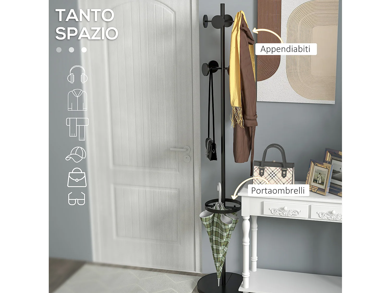 Appendiabiti da terra portaombrelli e 8 ganci ø34x177cm nero