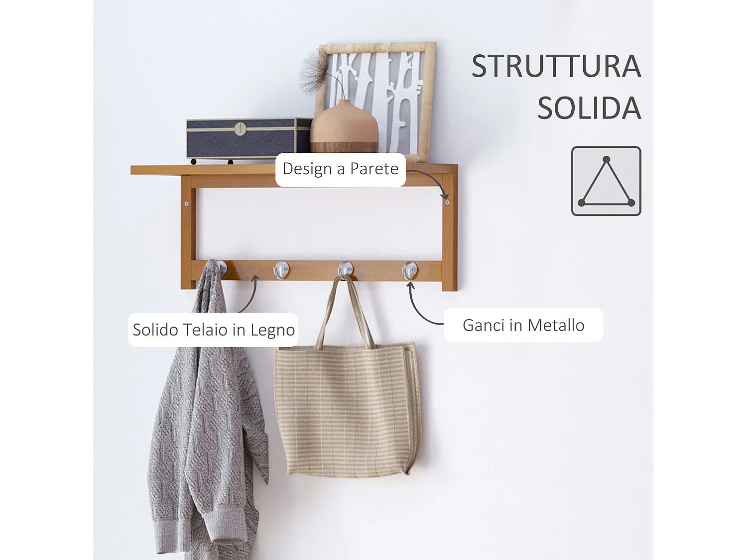 Appendiabiti con mensola e ripiano in bambù colore legno