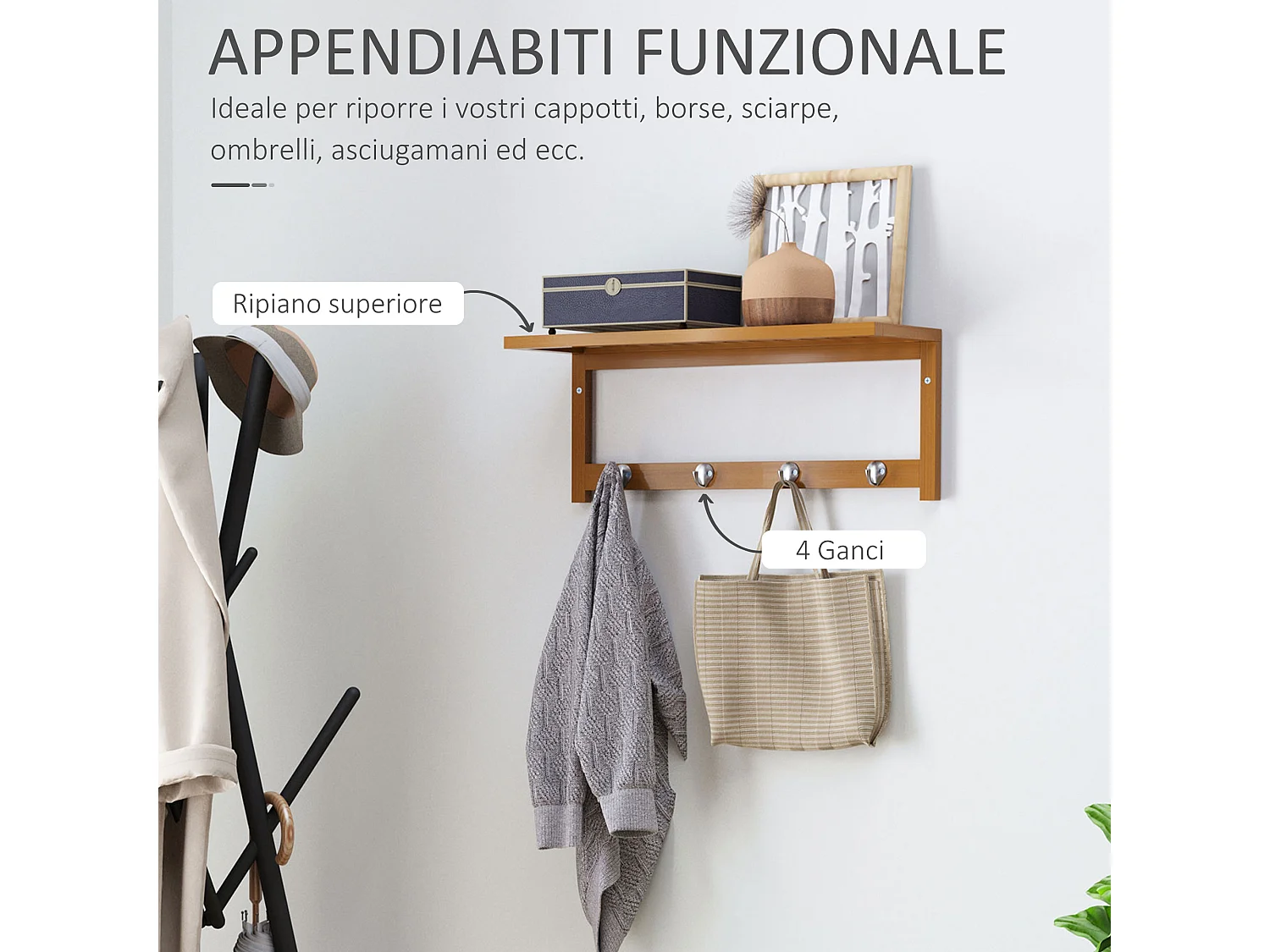 Appendiabiti con mensola e ripiano in bambù colore legno