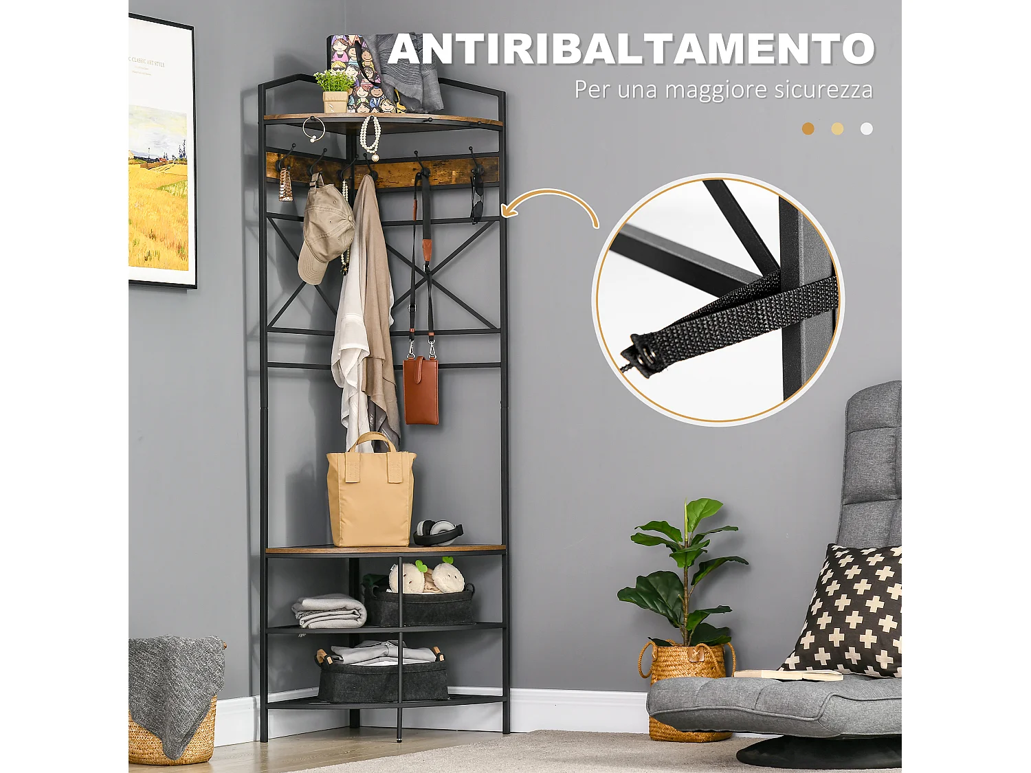 Albero appendiabiti da terra angolare con panca e scarpiera