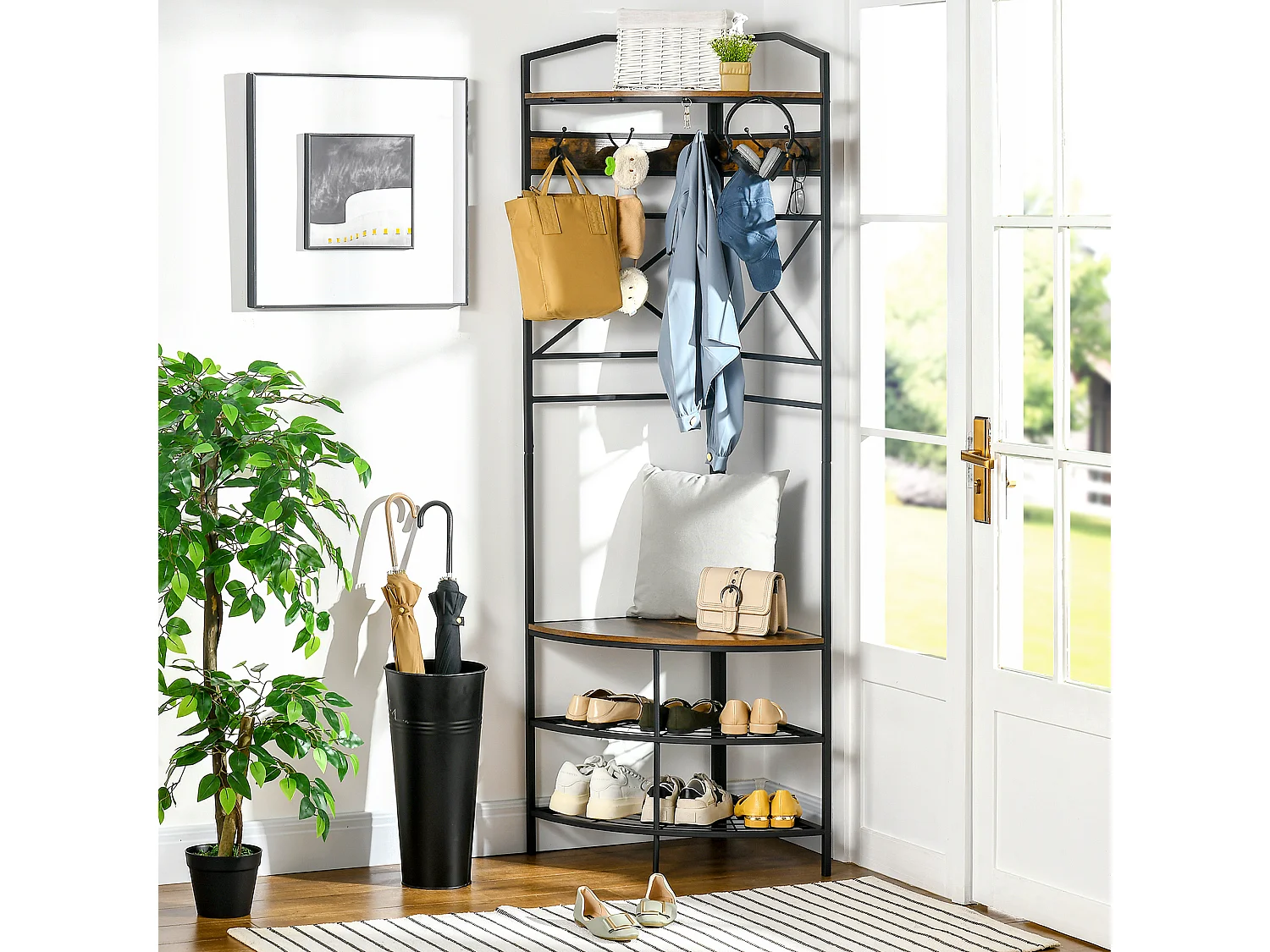 Albero appendiabiti da terra angolare con panca e scarpiera