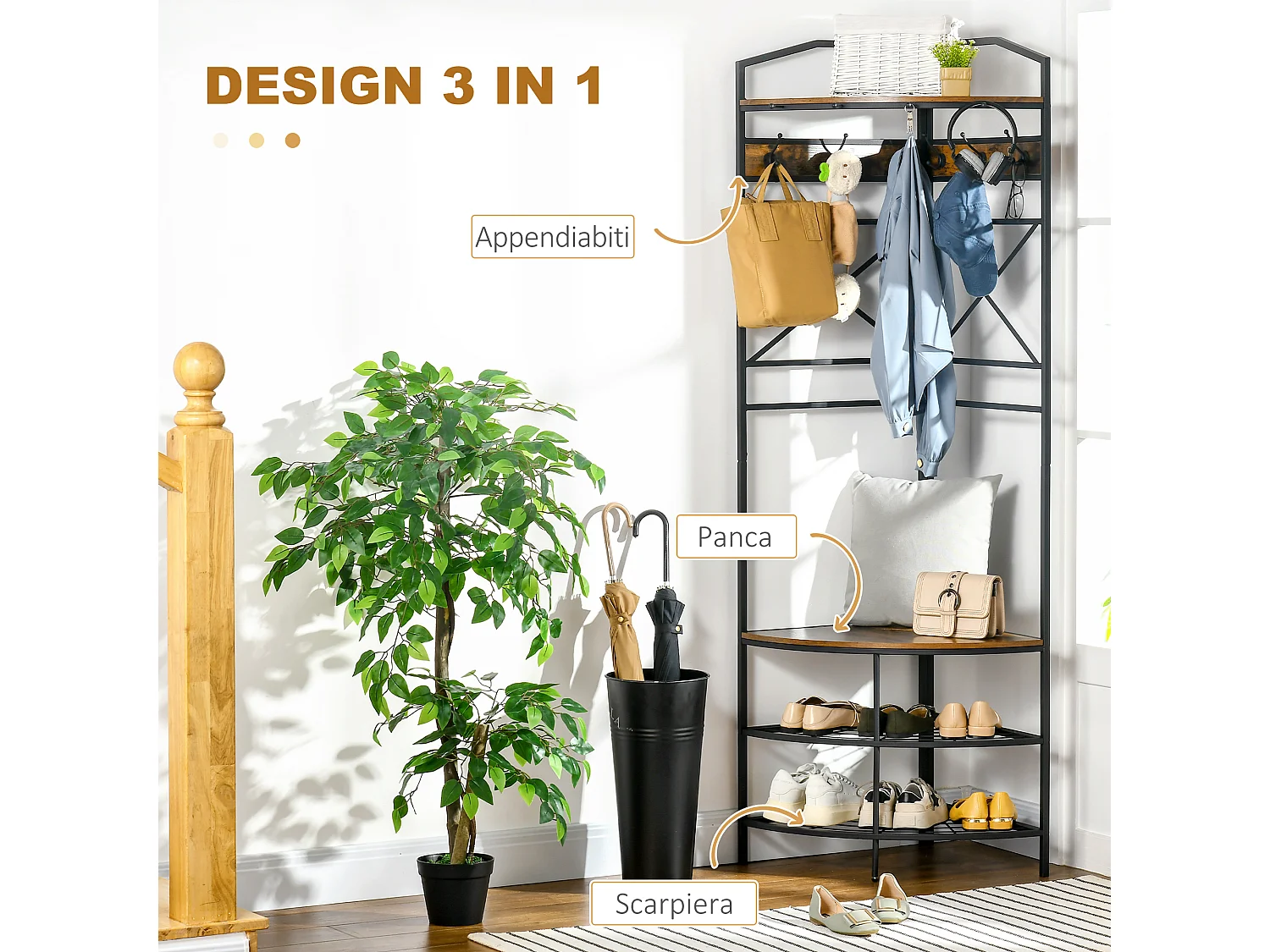 Albero appendiabiti da terra angolare con panca e scarpiera