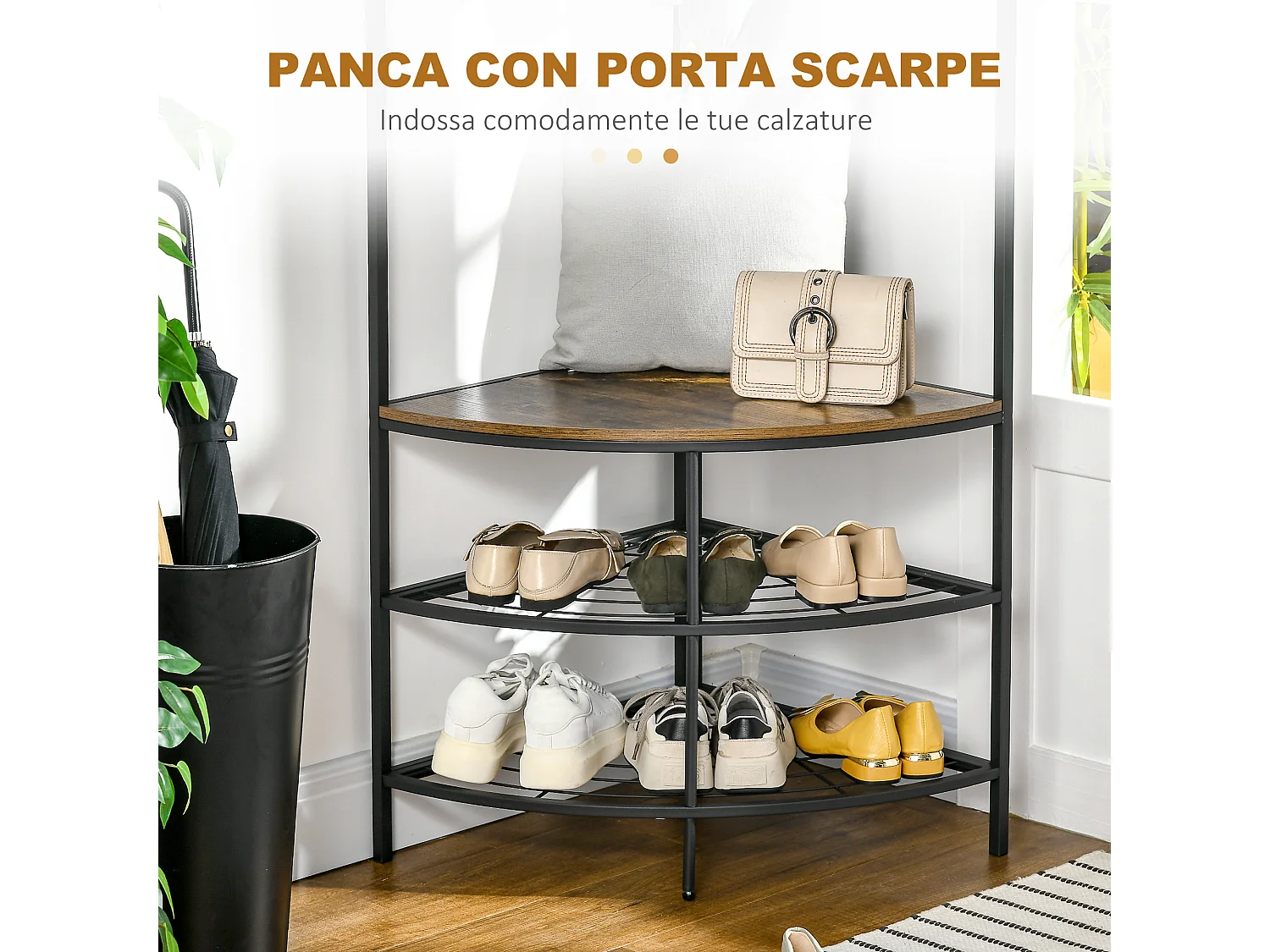 Albero appendiabiti da terra angolare con panca e scarpiera