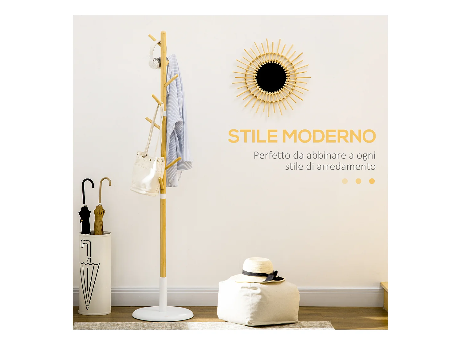 Appendiabiti da terra a 8 ganci con base rotonda, color legno e bianco