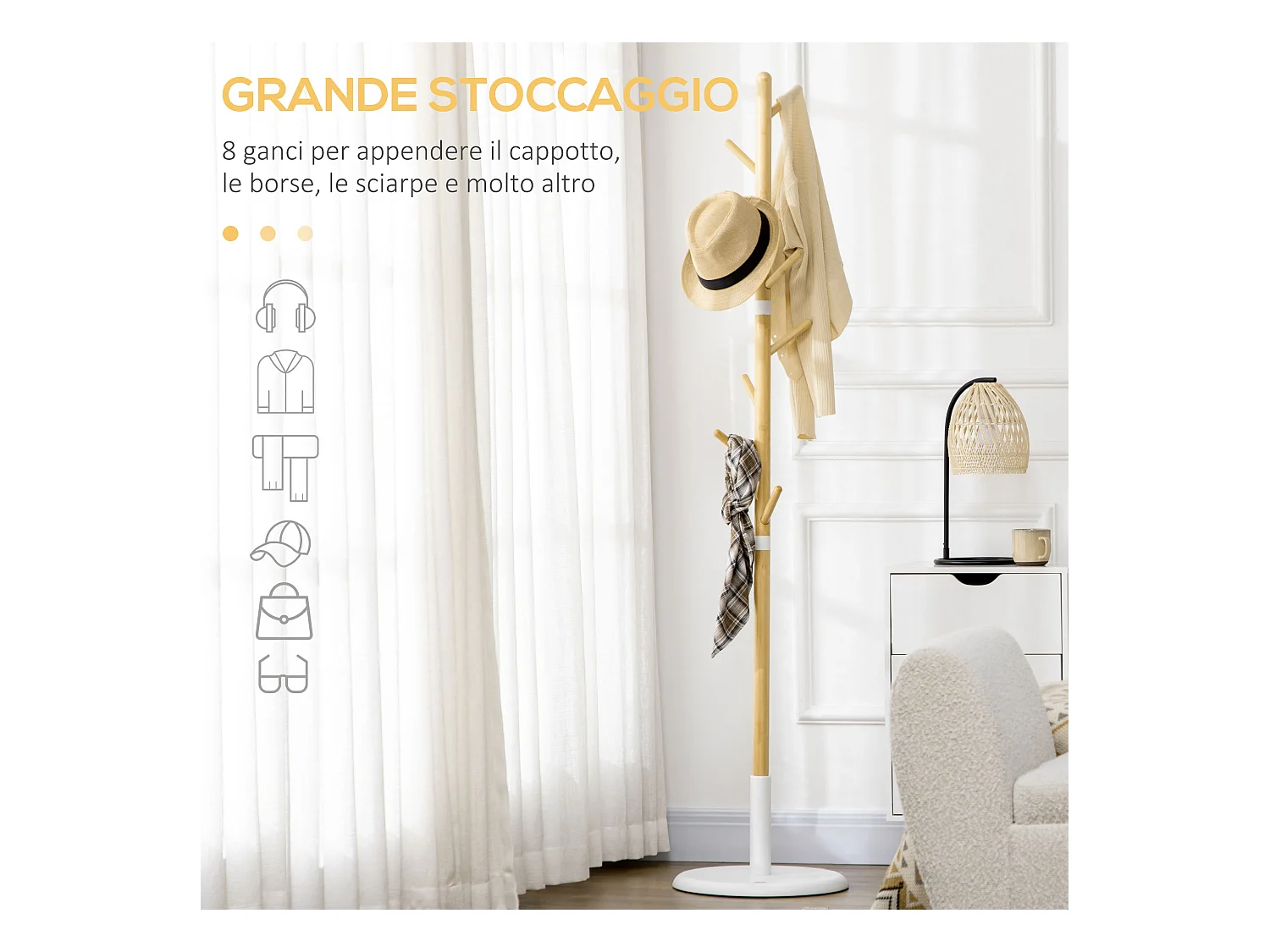 Appendiabiti da terra a 8 ganci con base rotonda, color legno e bianco