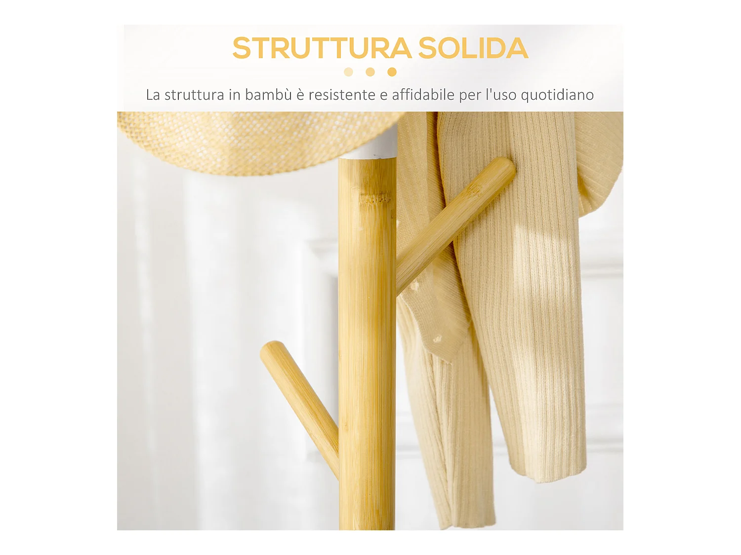 Appendiabiti da terra a 8 ganci con base rotonda, color legno e bianco