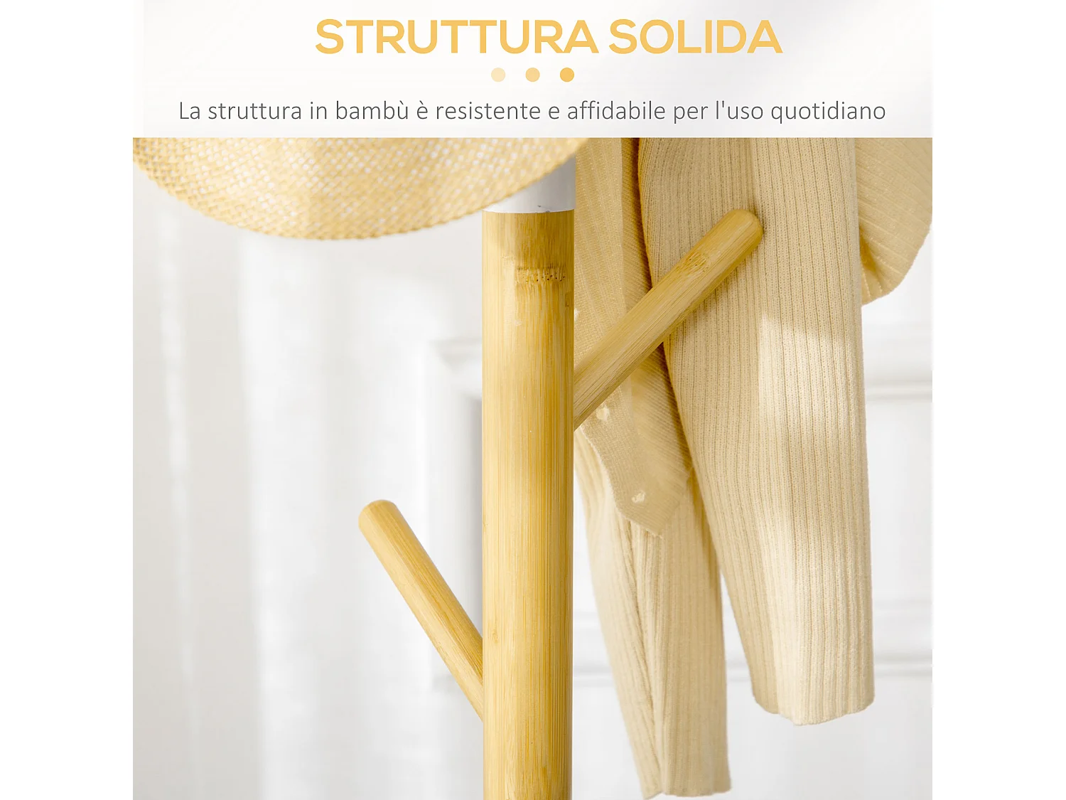 Appendiabiti da terra a 8 ganci con base rotonda, color legno e bianco