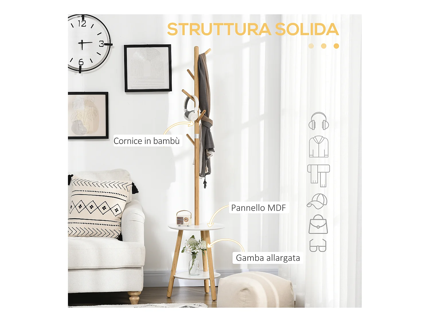 Appendiabiti da terra con 5 ganci in bambù e tavolino rotondo