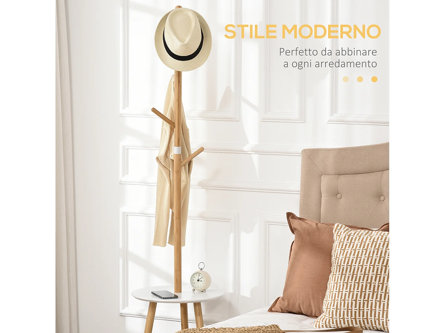 Appendiabiti da terra con 5 ganci in bambù e tavolino rotondo
