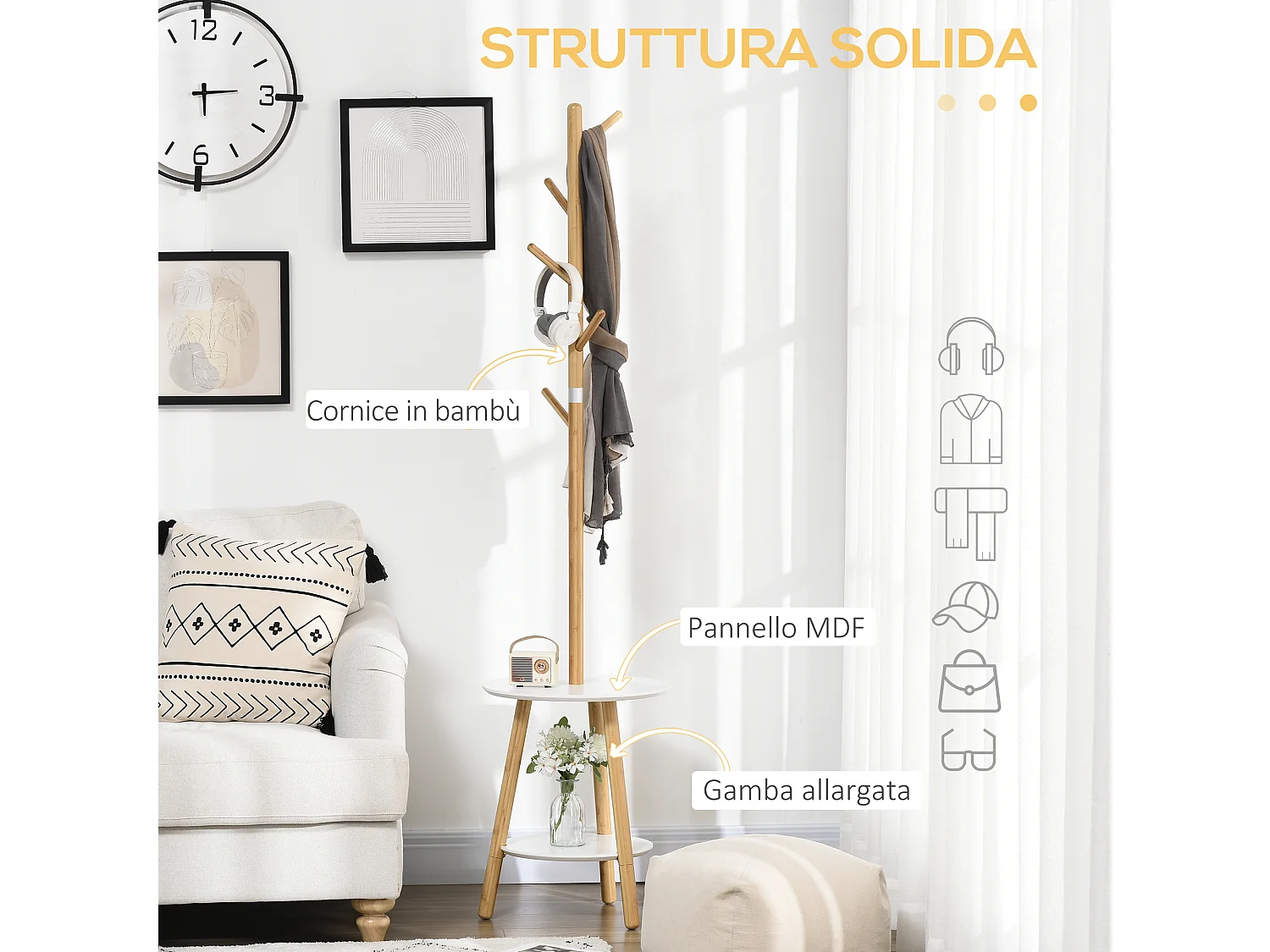 Appendiabiti da terra con 5 ganci in bambù e tavolino rotondo