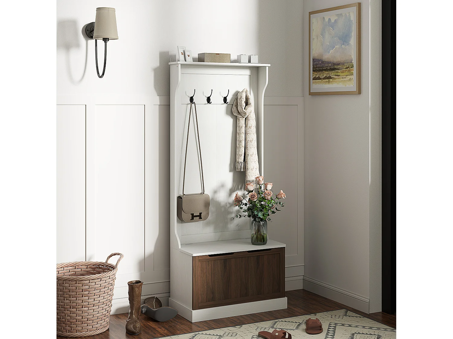 Mobile appendiabiti con 4 ganci e panca contenitore in legno bianco